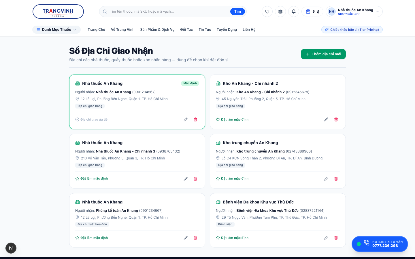 Sổ địa chỉ với sáu địa chỉ giao hàng, một địa chỉ được đánh dấu mặc định