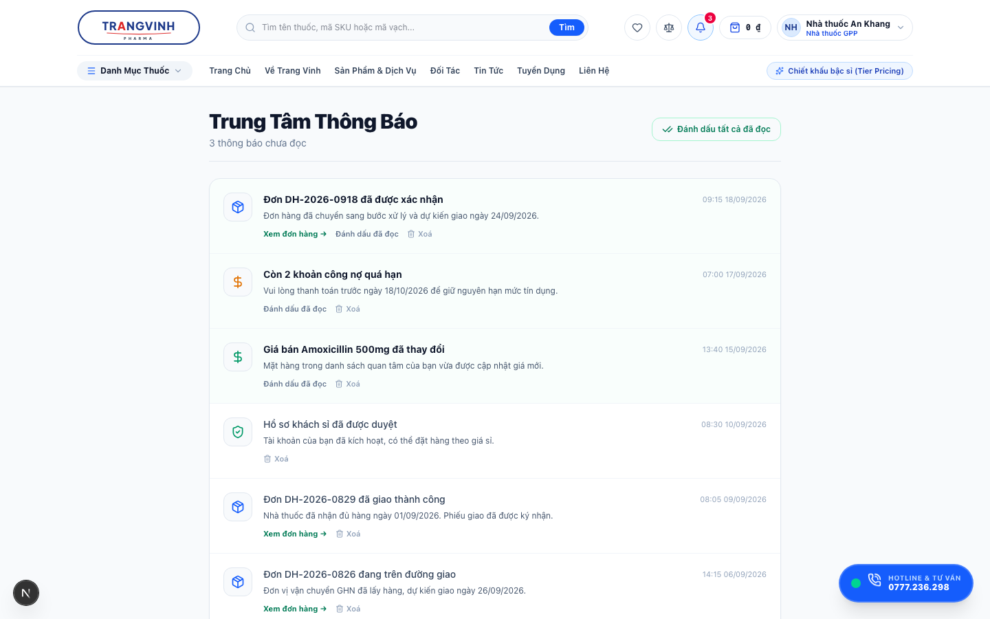 Trung tâm thông báo với danh sách thông báo về đơn hàng, công nợ, giá và trạng thái hồ sơ