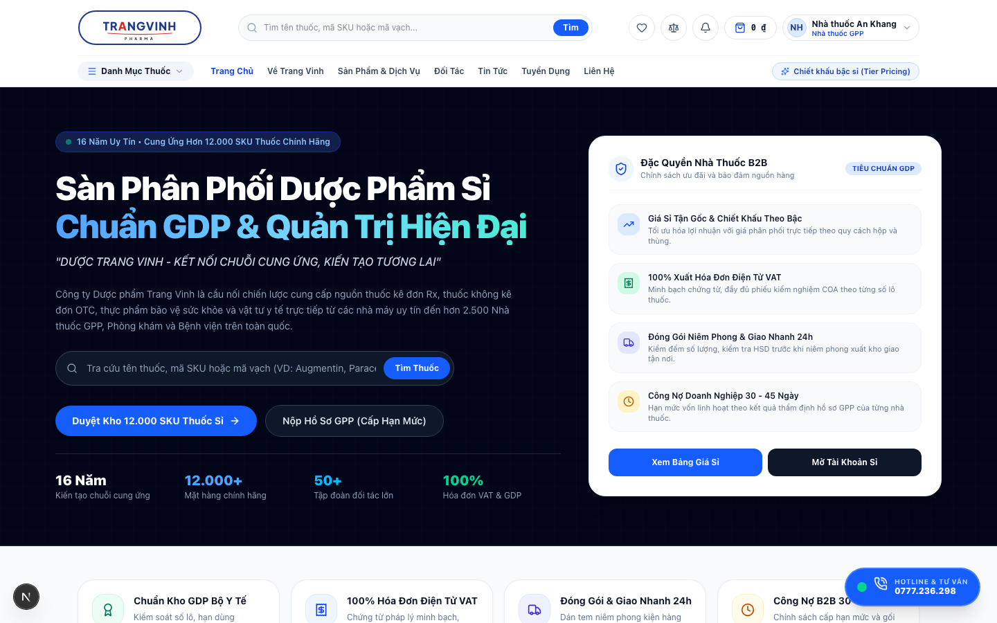 Trang chủ cổng bán sỉ đã đăng nhập, có ô tra cứu thuốc và nút dẫn vào bảng giá