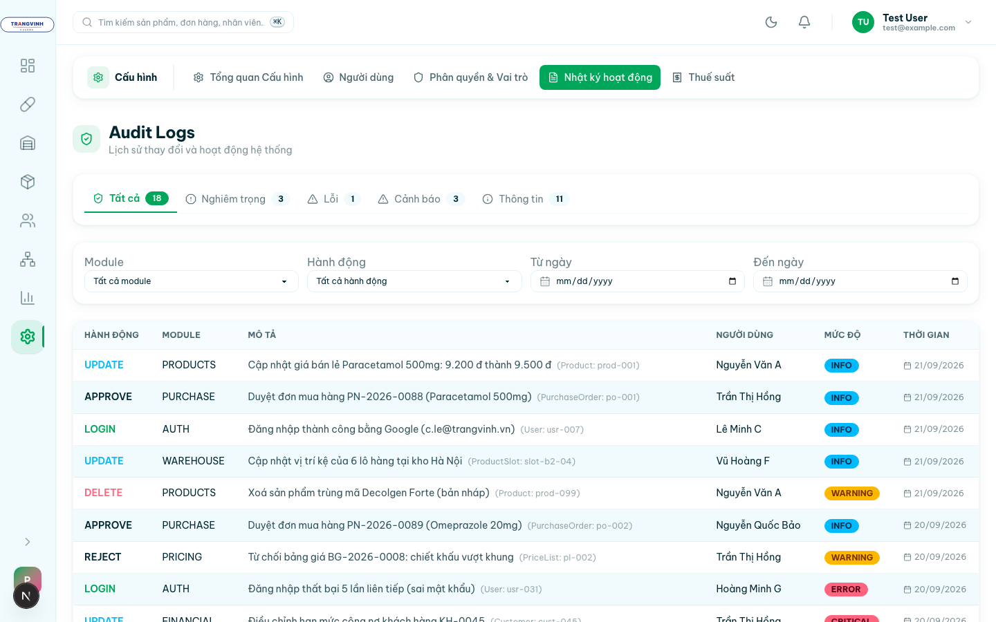 Audit Logs với các tab mức độ Nghiêm trọng, Lỗi, Cảnh báo, Thông tin và bảng hành động, module, người dùng, thời gian
