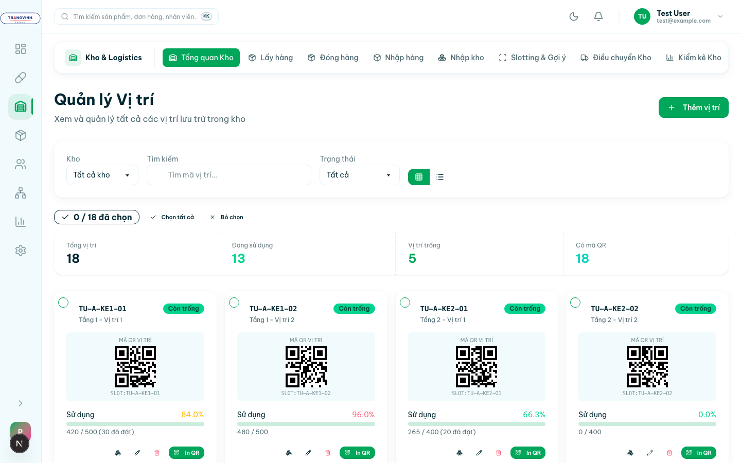 Danh sách ô vị trí kho với thẻ ô, mã QR, thanh mức sử dụng và nút in QR
