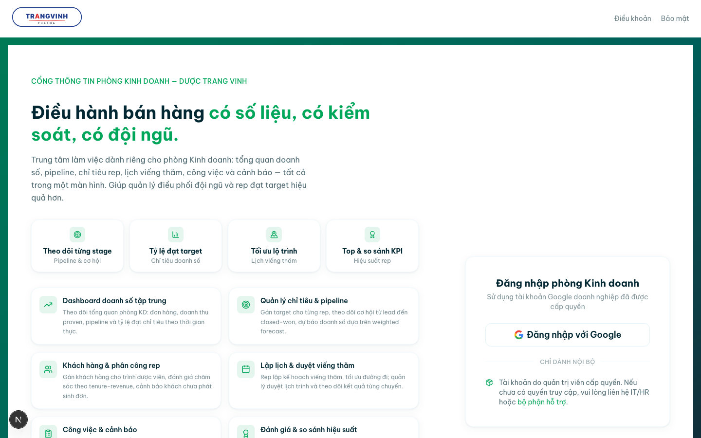 Màn hình đăng nhập cổng Phòng Kinh doanh với nút đăng nhập bằng Google