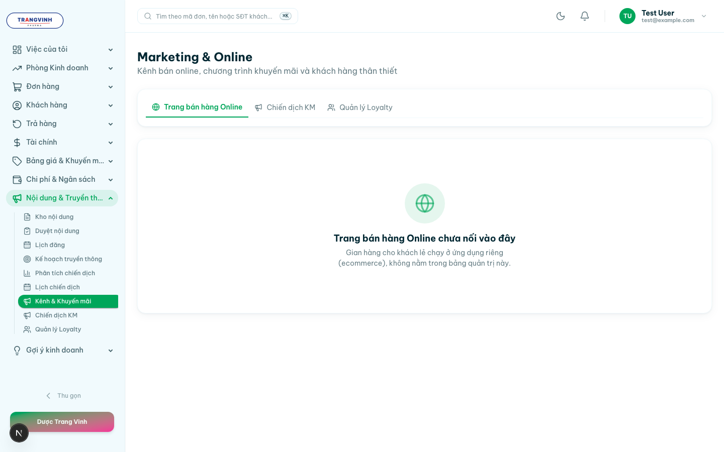 Kênh và Khuyến mãi với ba thẻ Trang bán hàng Online, Chiến dịch KM và Quản lý Loyalty