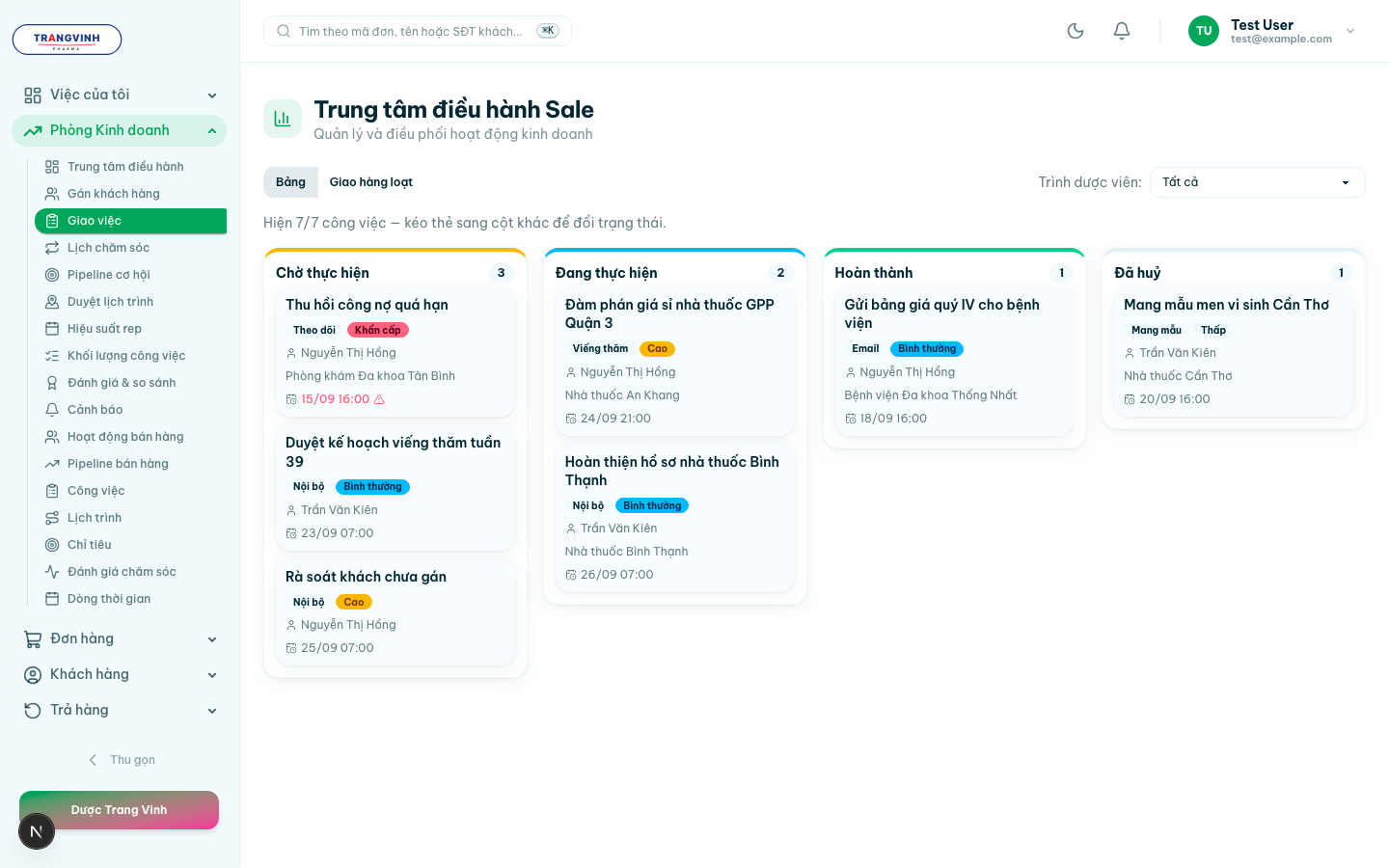 Bảng Kanban công việc với bốn cột theo trạng thái, mỗi thẻ mang loại việc, mức ưu tiên, người phụ trách và hạn